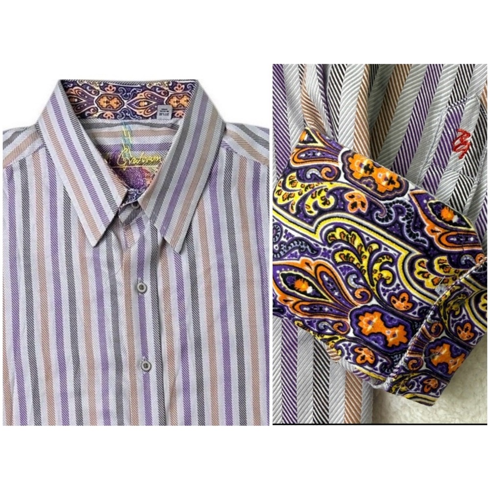 Robert Graham Long Sleeve Button Up Men Shirt Striped Paisley Flip Cuff Lavender